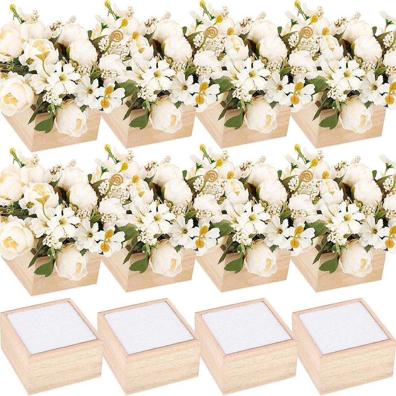 12 Pack Rustic Wooden Planter Boxes with Floral Foam Blocks – 4 Inch Unfinished Square Wood Centerpiece Containers for Flower Arrangements, Wedding Table Decor, Baby Shower, DIY Crafts & Home Garden Decorations